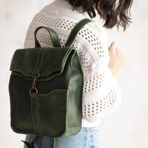 Handmade Green Leather Backpack with Laptop Sleeve